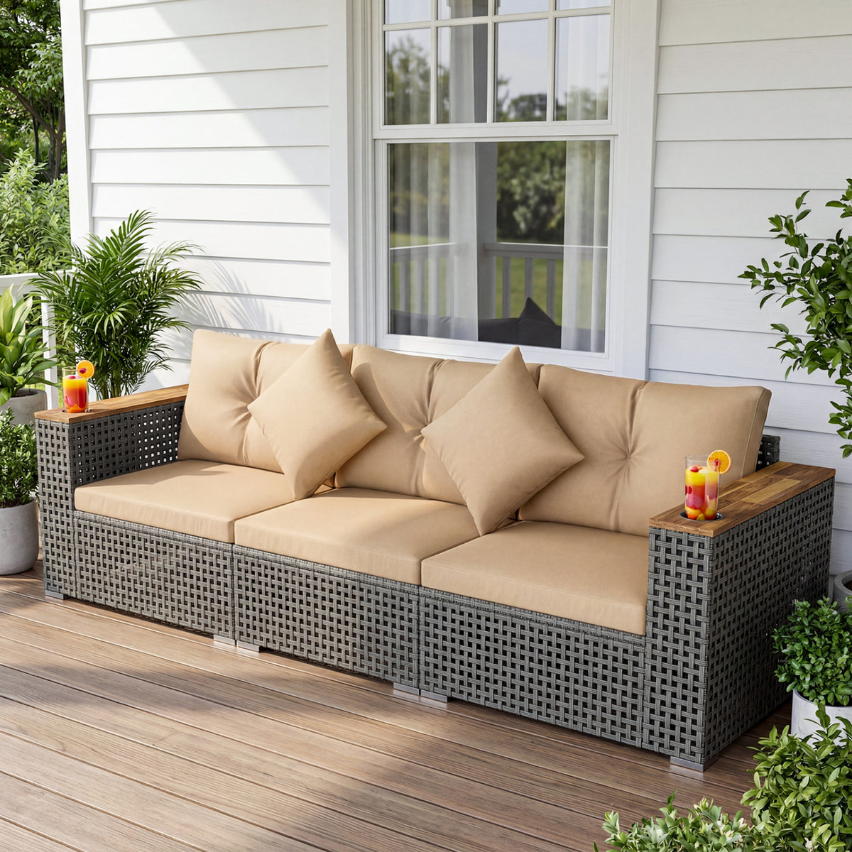 Patio Wicker Sectional Furniture Set with 1 Armless and 2 Corner Sofas for Garden-Beige