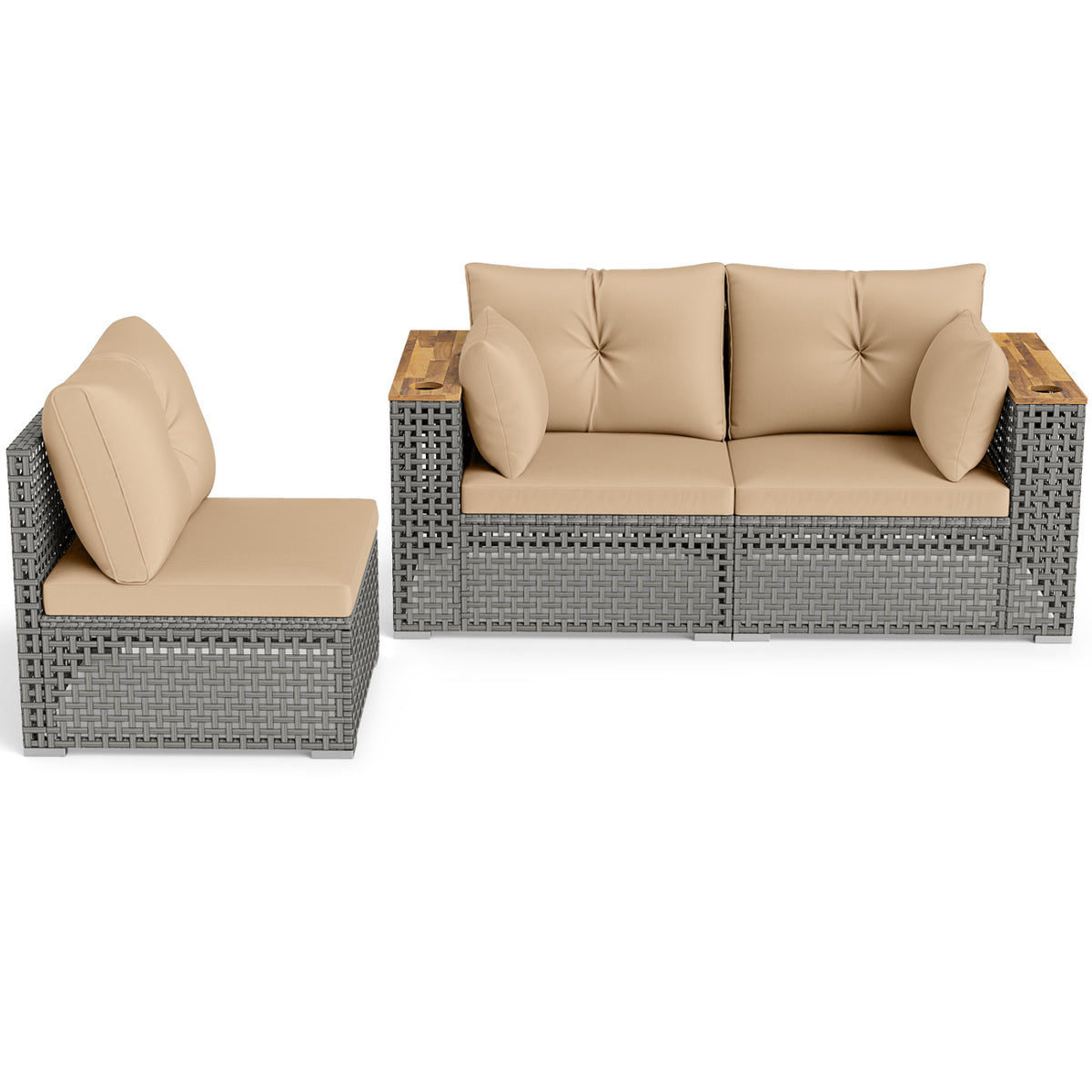 Patio Wicker Sectional Furniture Set with 1 Armless and 2 Corner Sofas for Garden-Beige