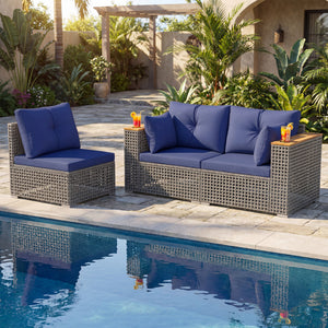 Patio Wicker Sectional Furniture Set with 1 Armless and 2 Corner Sofas for Garden-Navy