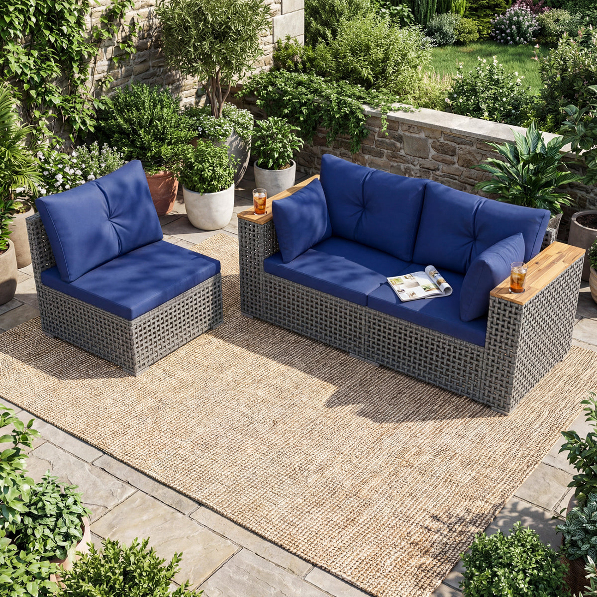 Patio Wicker Sectional Furniture Set with 1 Armless and 2 Corner Sofas for Garden-Navy