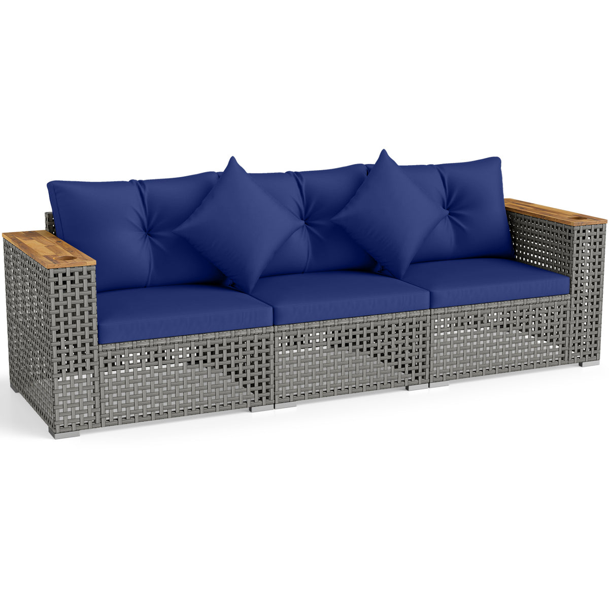Patio Wicker Sectional Furniture Set with 1 Armless and 2 Corner Sofas for Garden-Navy