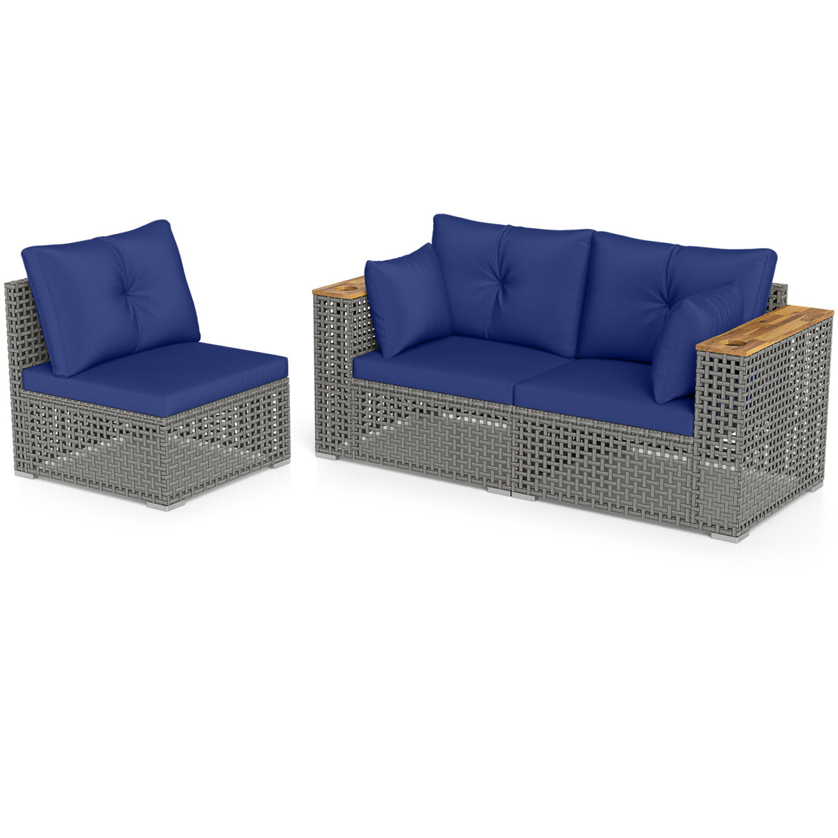 Patio Wicker Sectional Furniture Set with 1 Armless and 2 Corner Sofas for Garden-Navy