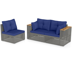 Patio Wicker Sectional Furniture Set with 1 Armless and 2 Corner Sofas for Garden-Navy