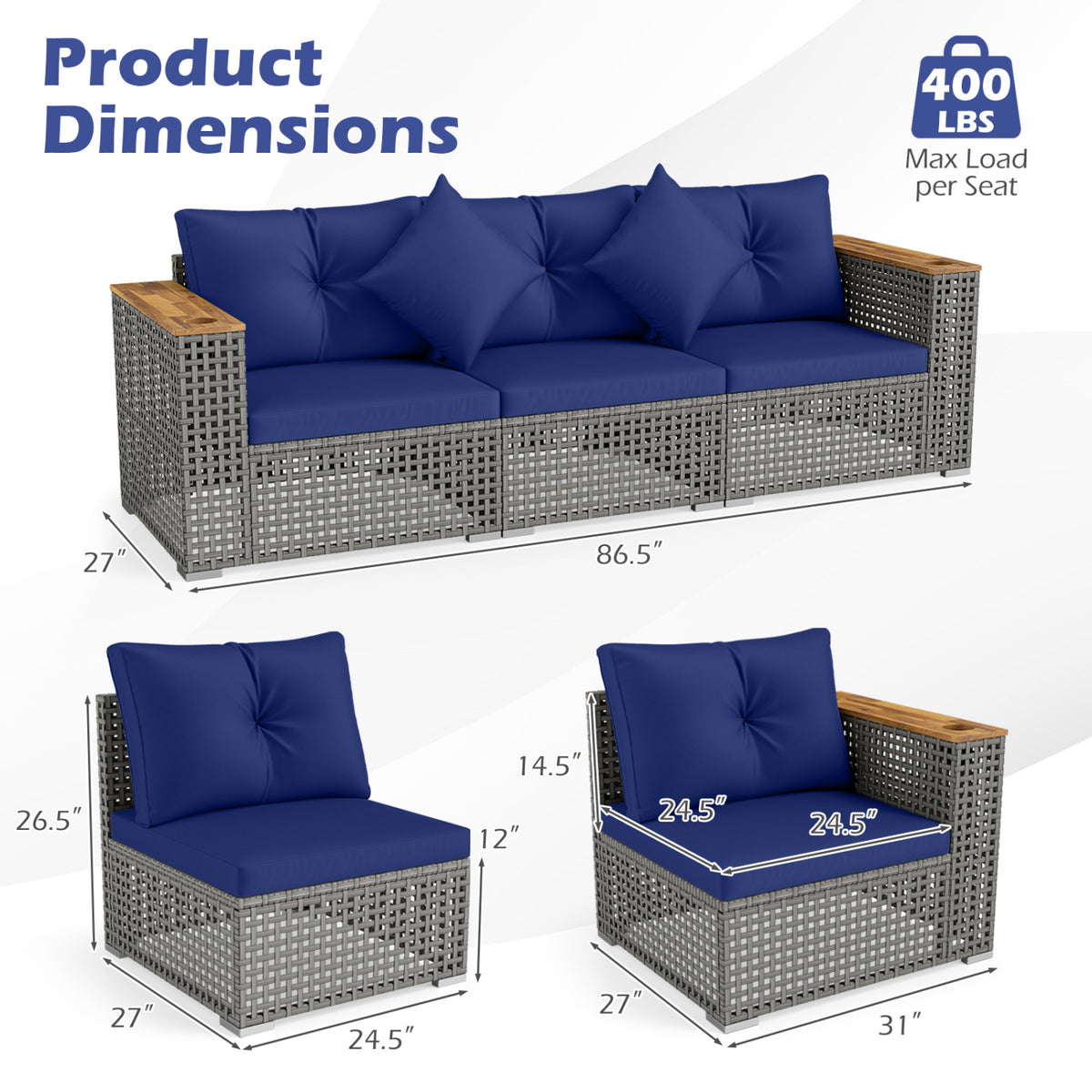 Patio Wicker Sectional Furniture Set with 1 Armless and 2 Corner Sofas for Garden-Navy