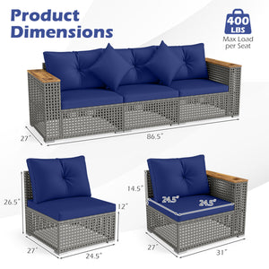 Patio Wicker Sectional Furniture Set with 1 Armless and 2 Corner Sofas for Garden-Navy