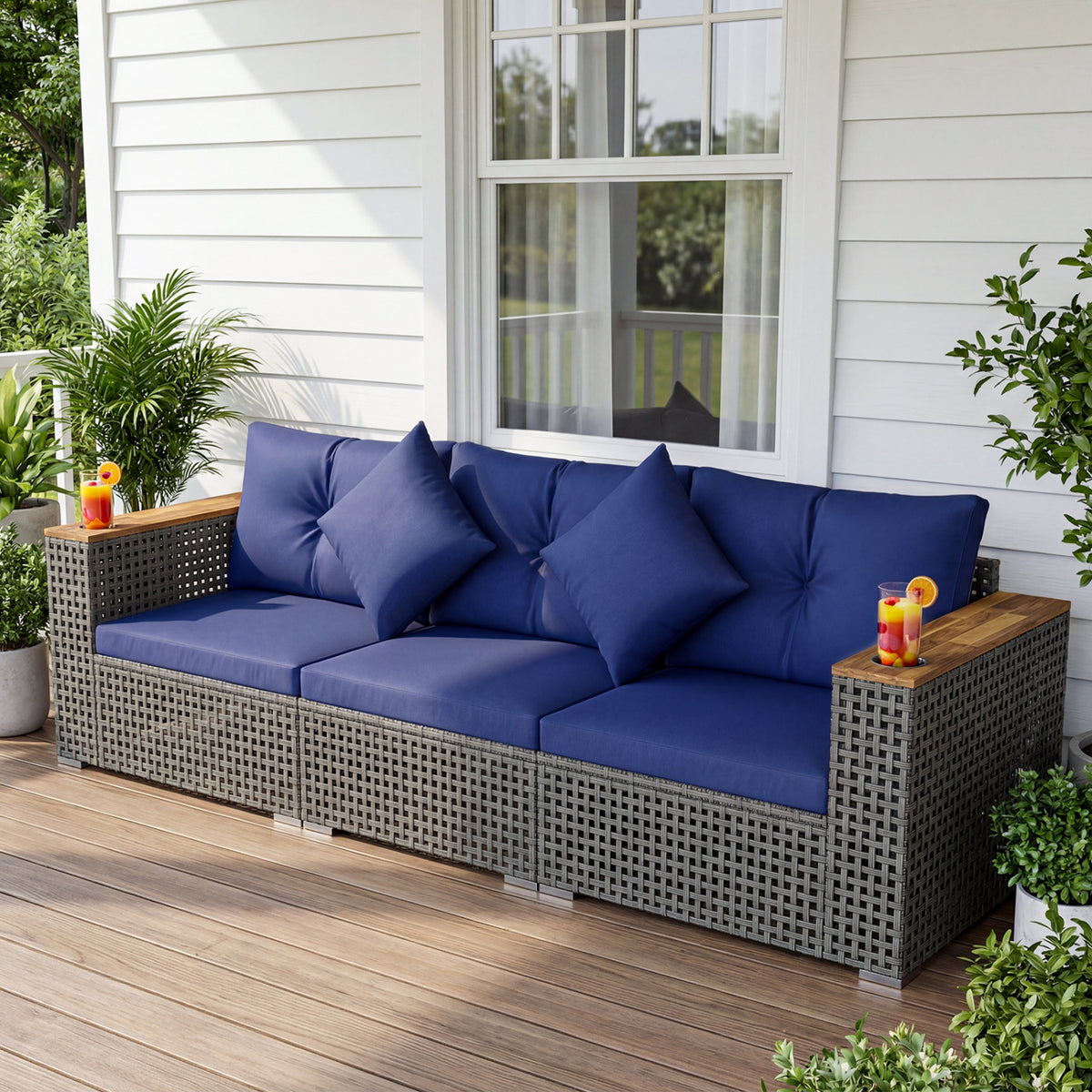Patio Wicker Sectional Furniture Set with 1 Armless and 2 Corner Sofas for Garden-Navy