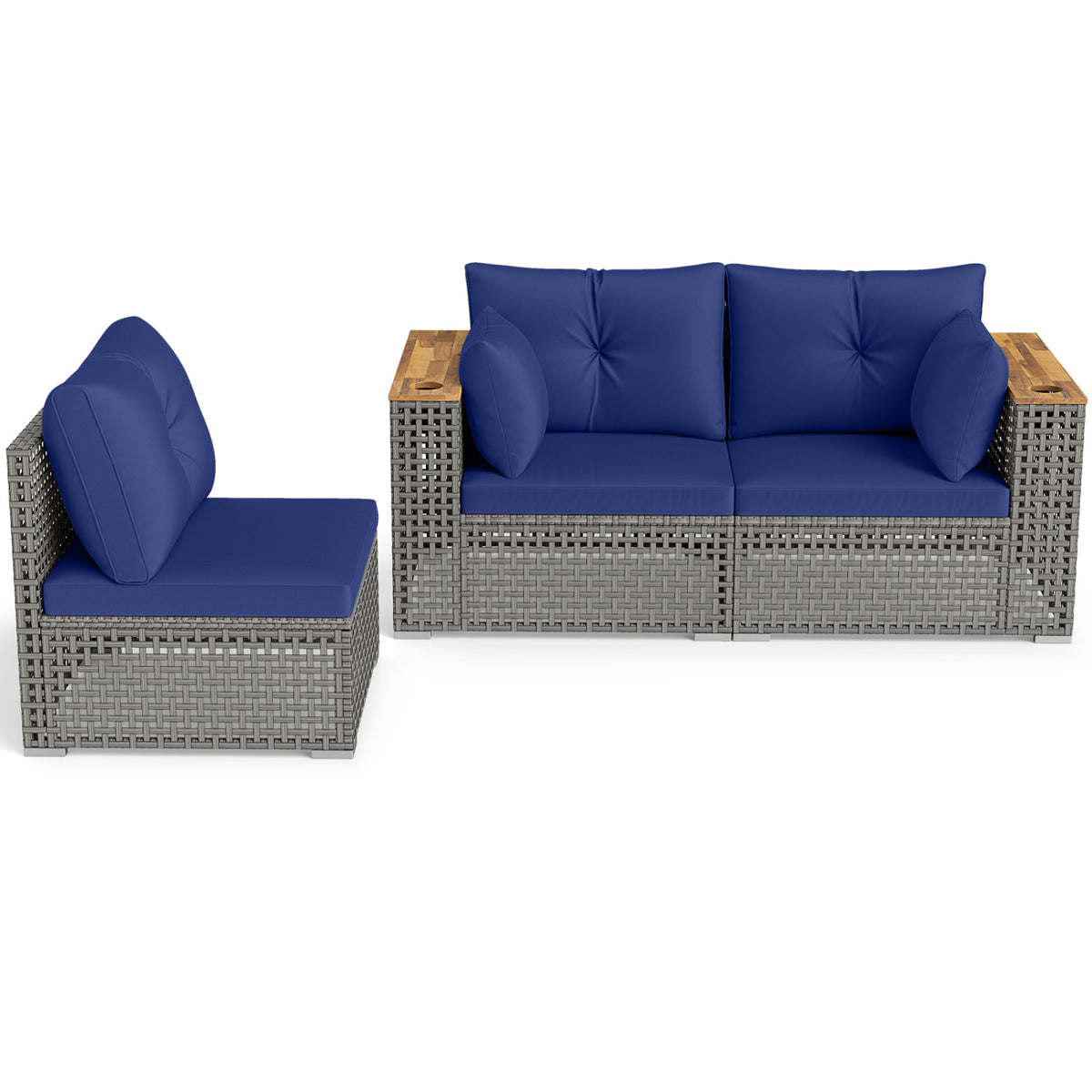 Patio Wicker Sectional Furniture Set with 1 Armless and 2 Corner Sofas for Garden-Navy