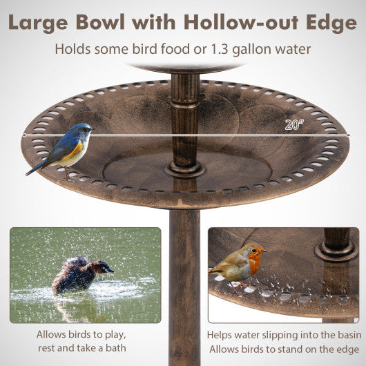 Pedestal Bird Bath with Solar Light with Bird Feeder and Flower Planter-Bronze