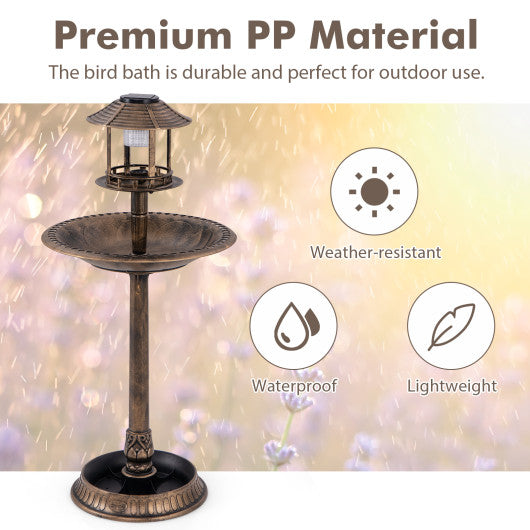 Pedestal Bird Bath with Solar Light with Bird Feeder and Flower Planter-Bronze