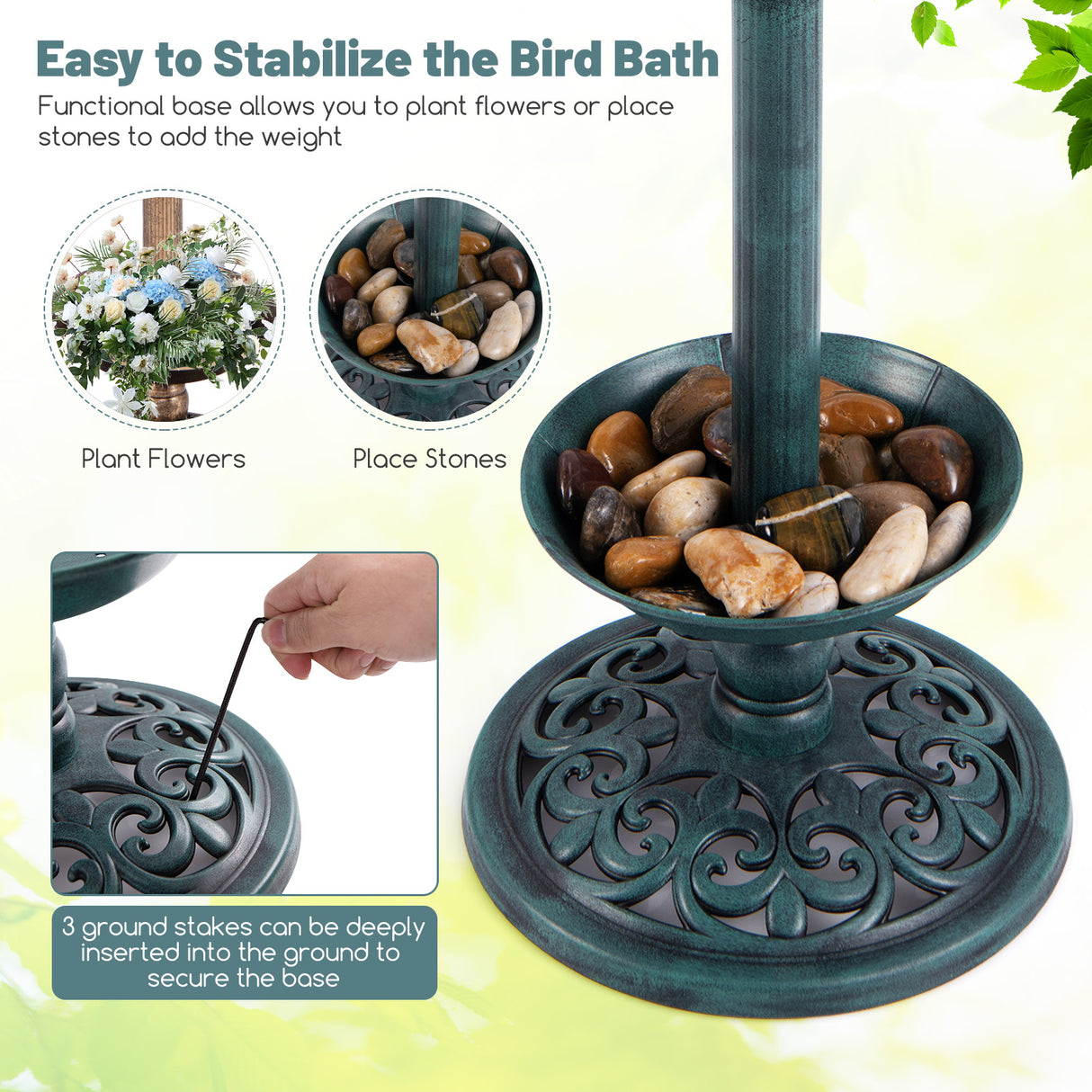 Standing Pedestal Birdbath and Feeder Combo with Lotus Leaf Bowl-Green