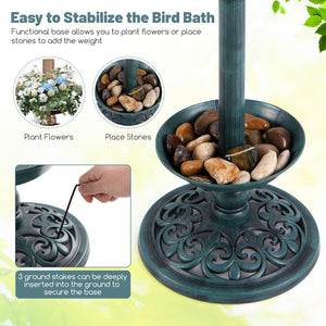 Standing Pedestal Birdbath and Feeder Combo with Lotus Leaf Bowl-Green