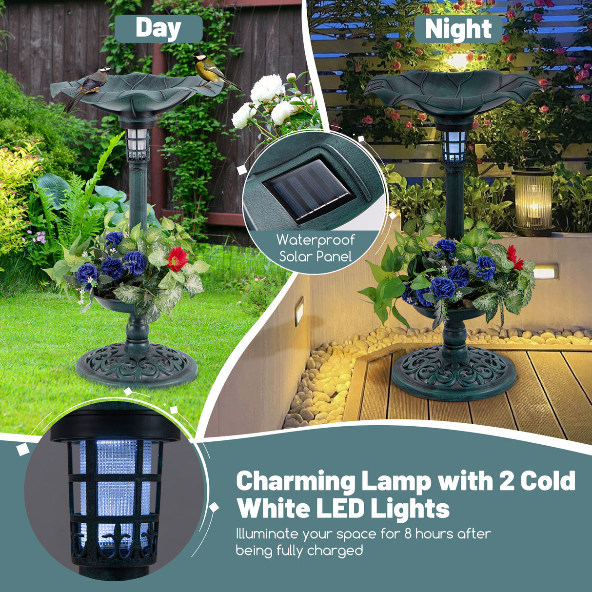 Standing Pedestal Birdbath and Feeder Combo with Lotus Leaf Bowl-Green