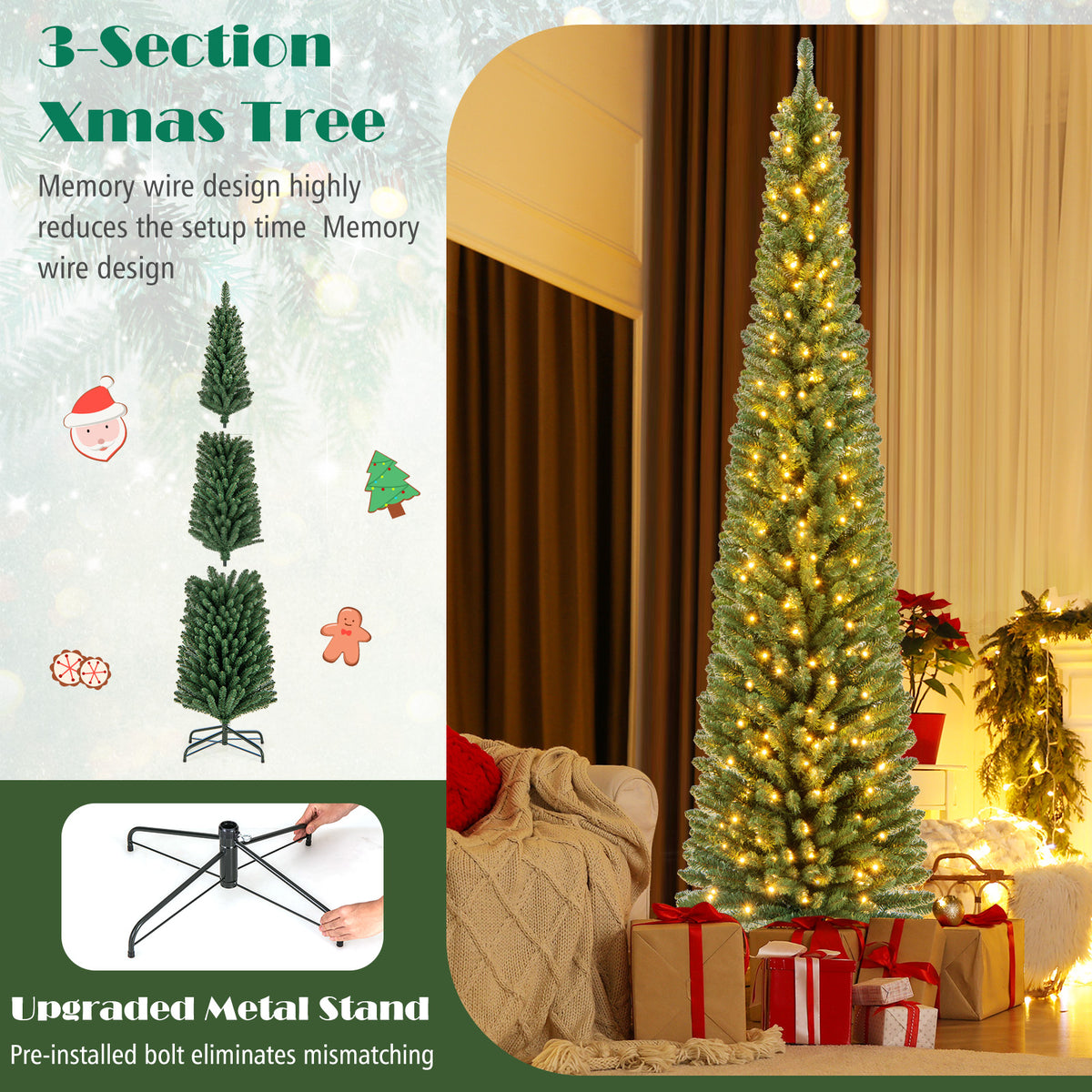 Pencil Christmas Tree with Memory Wire Branch Tips and Warm  LED Lights-8FT