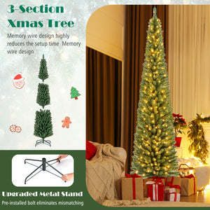 Pencil Christmas Tree with Memory Wire Branch Tips and Warm  LED Lights-8FT