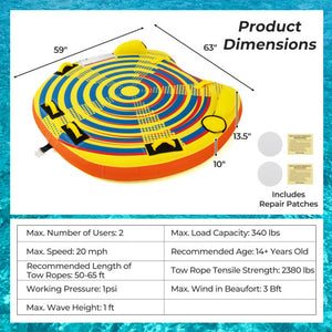 1 or 2 Person Inflatable Towable Tube for Boating with Quick Connector