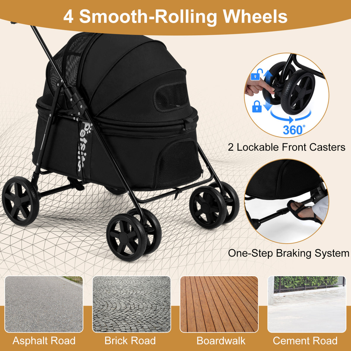Pet Stroller for Small Medium Dogs Foldable with One-Step Rear Brake and Canopy-Black