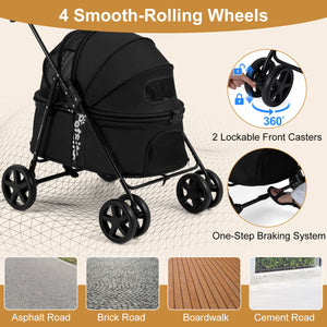 Pet Stroller for Small Medium Dogs Foldable with One-Step Rear Brake and Canopy-Black