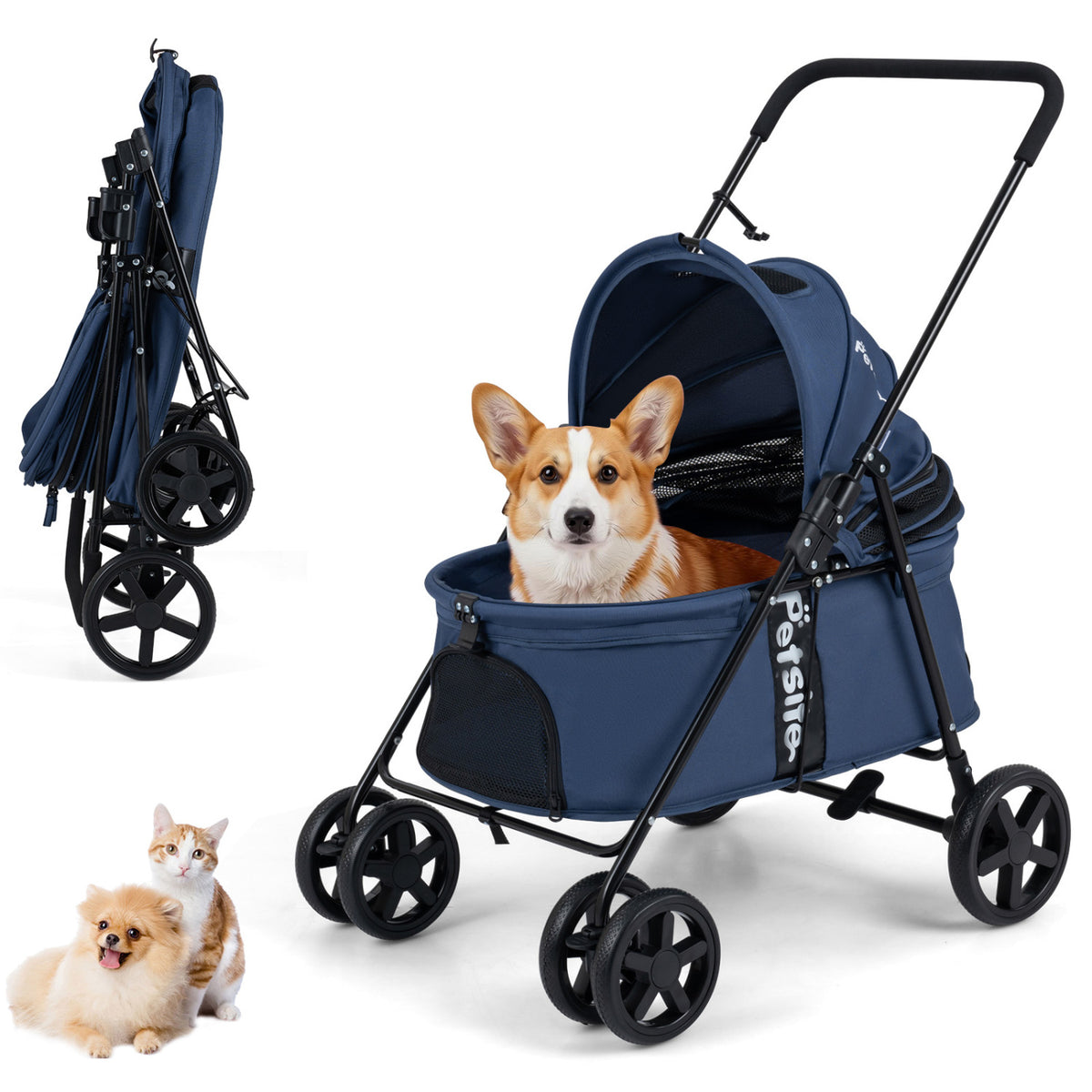 Pet Stroller for Small Medium Dogs Foldable with One-Step Rear Brake and Canopy-Navy