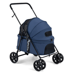Pet Stroller for Small Medium Dogs Foldable with One-Step Rear Brake and Canopy-Navy