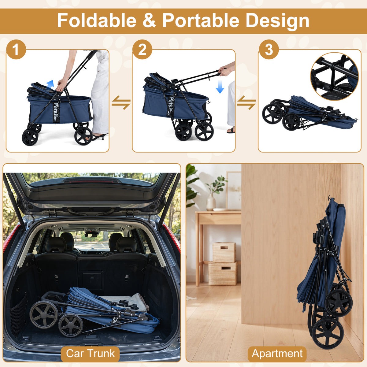 Pet Stroller for Small Medium Dogs Foldable with One-Step Rear Brake and Canopy-Navy
