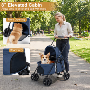 Pet Stroller for Small Medium Dogs Foldable with One-Step Rear Brake and Canopy-Navy