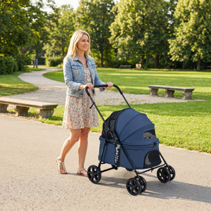 Pet Stroller for Small Medium Dogs Foldable with One-Step Rear Brake and Canopy-Navy