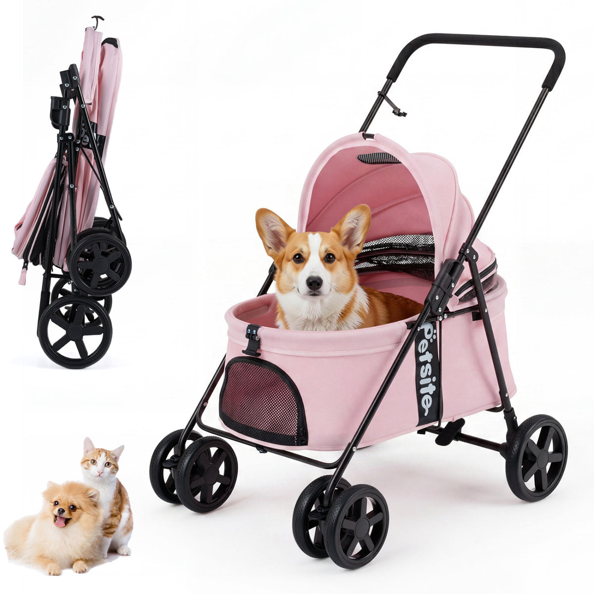 Pet Stroller for Small Medium Dogs Foldable with One-Step Rear Brake and Canopy-Pink