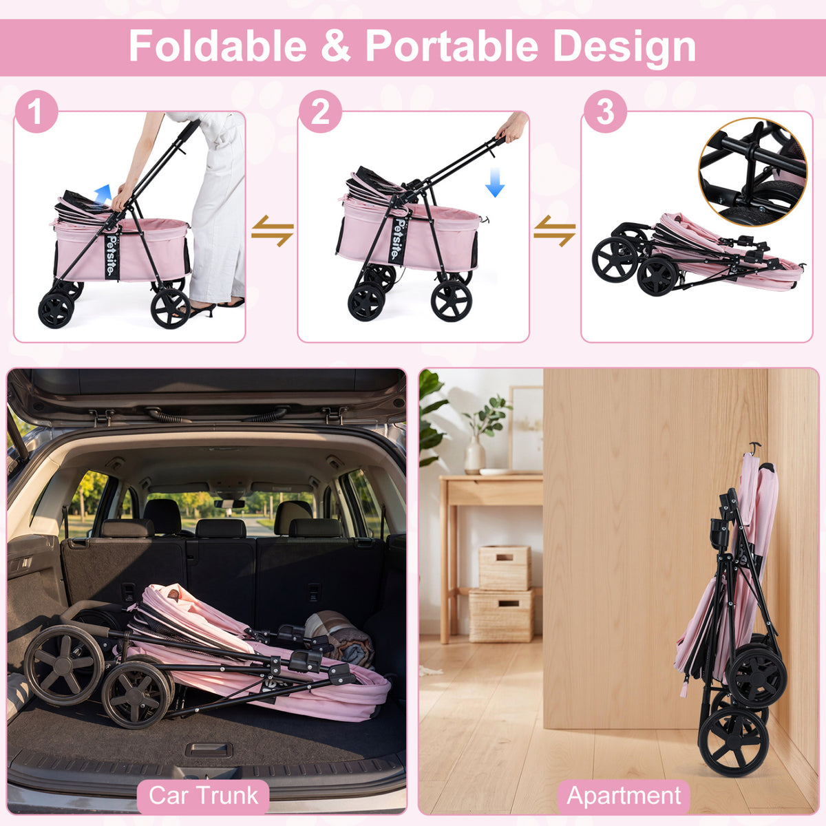 Pet Stroller for Small Medium Dogs Foldable with One-Step Rear Brake and Canopy-Pink