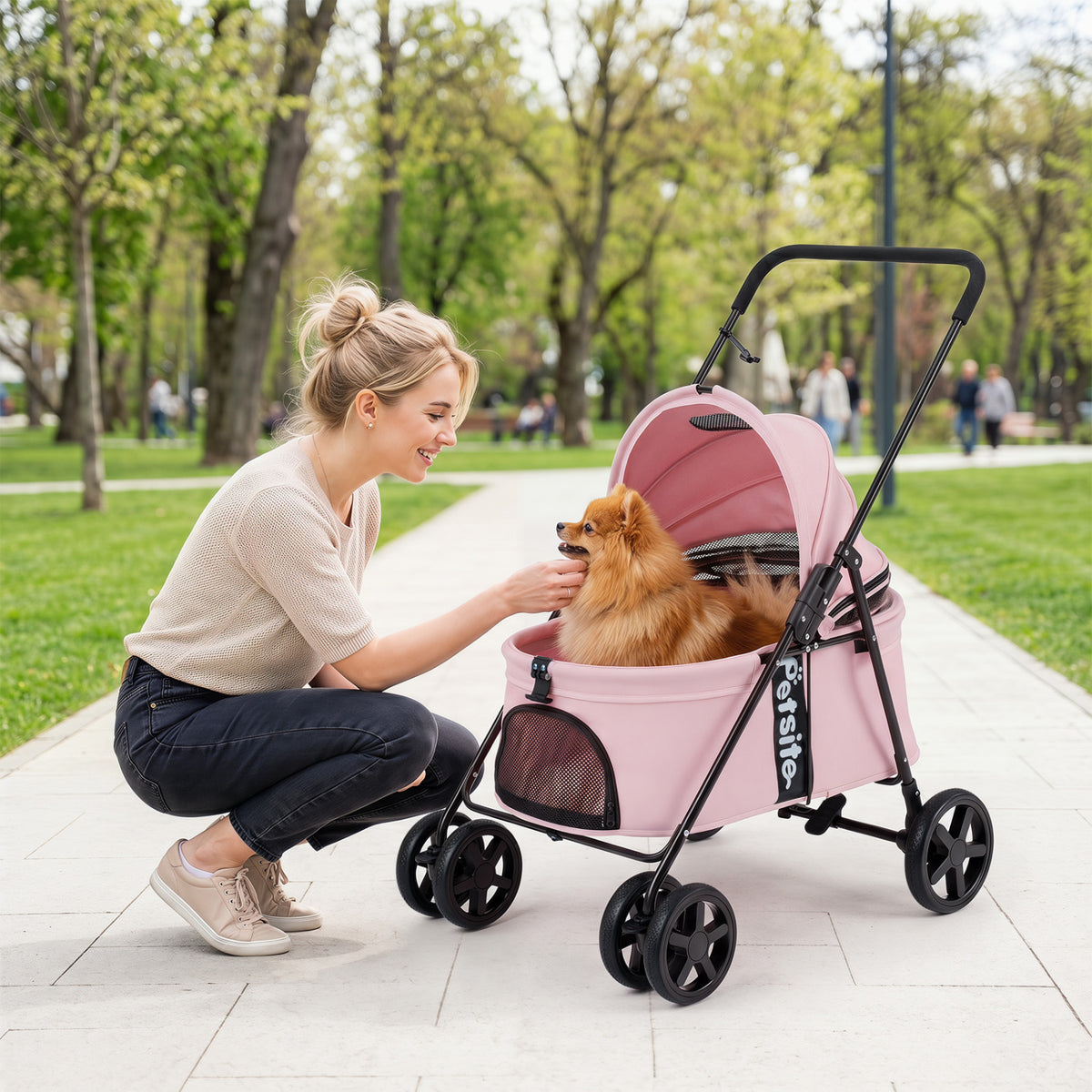 Pet Stroller for Small Medium Dogs Foldable with One-Step Rear Brake and Canopy-Pink