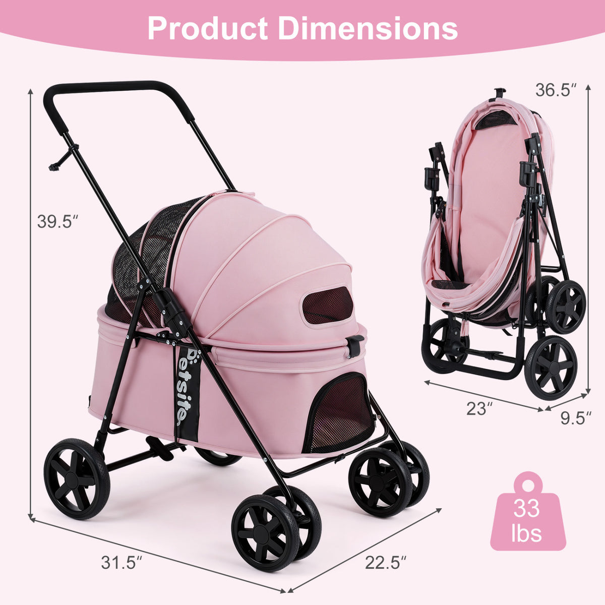 Pet Stroller for Small Medium Dogs Foldable with One-Step Rear Brake and Canopy-Pink