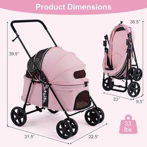 Pet Stroller for Small Medium Dogs Foldable with One-Step Rear Brake and Canopy-Pink