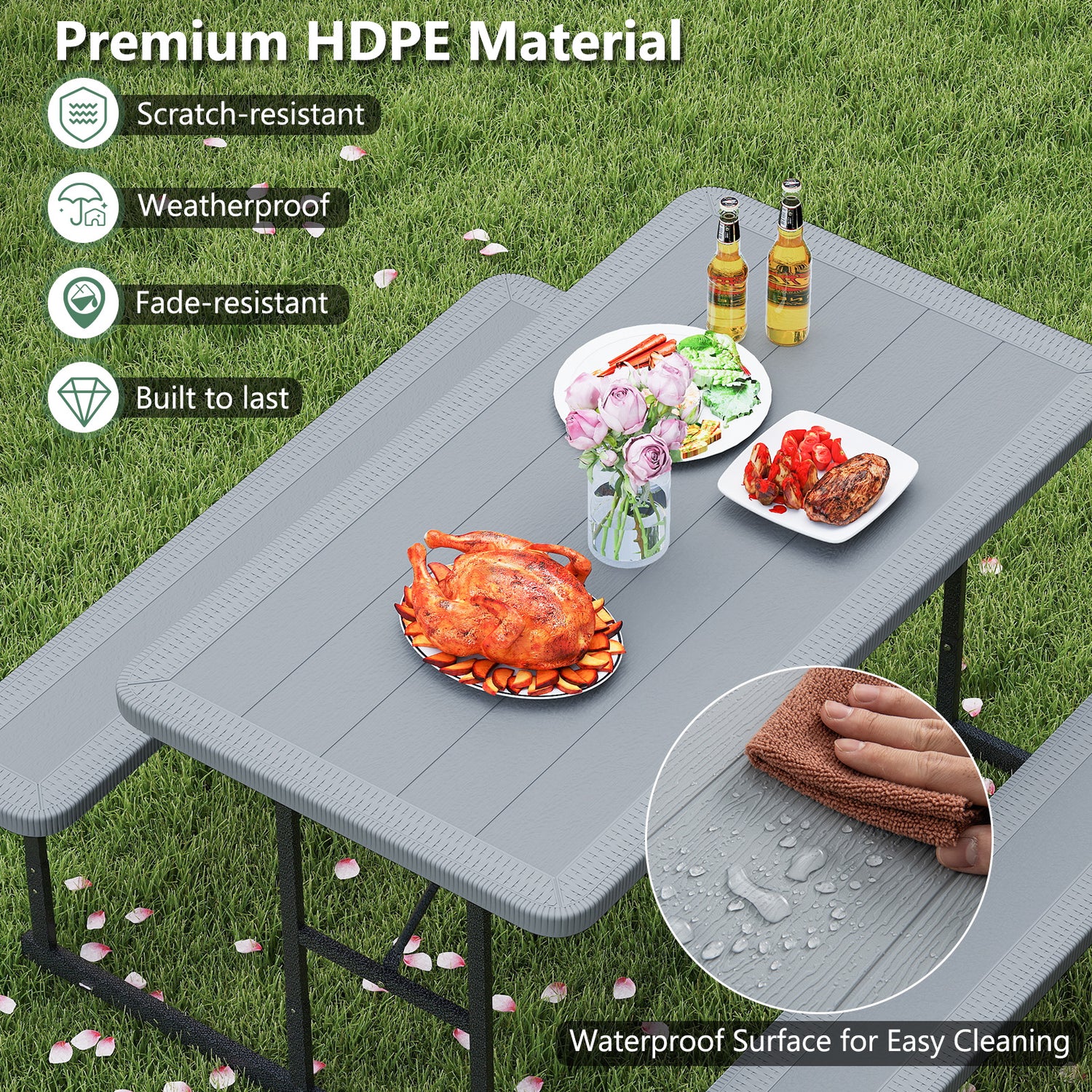 Picnic Table Bench Set for 2-4 People Outdoor Rectangular Camping Dining Table-Gray