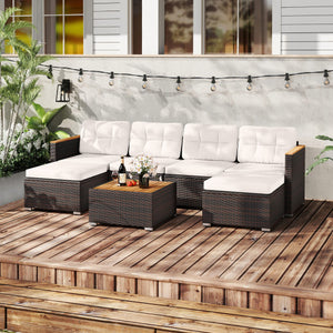 7 Pieces Wicker Conversation Set with Wood Armrests for Backyard-White