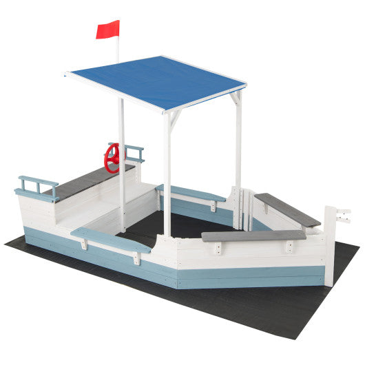 Pirate Ship Sandbox with Canopy with Bench Seats and Bottom Liner-White