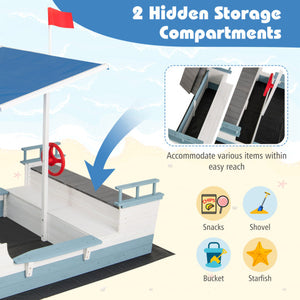 Pirate Ship Sandbox with Canopy with Bench Seats and Bottom Liner-White