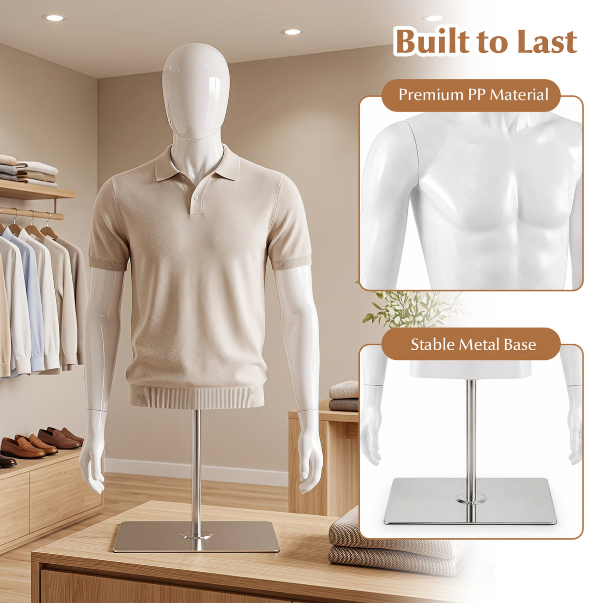 Plastic Half Body Head Turn Male Mannequin with Base