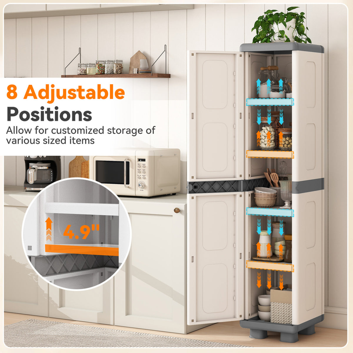 Plastic Kitchen Pantry with 4 Adjustable Shelves and Single Door for Living Room and Kitchen-Gray