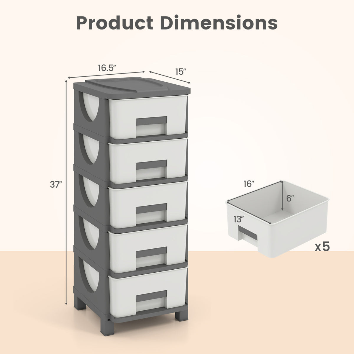 Plastic Storage Organizer with Handles and Compact Drawer Cabinet Side Table for Bedroom-Gray