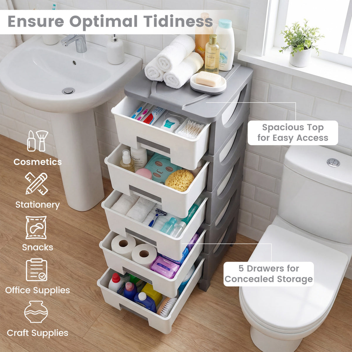 Plastic Storage Organizer with Handles and Compact Drawer Cabinet Side Table for Bedroom-Gray