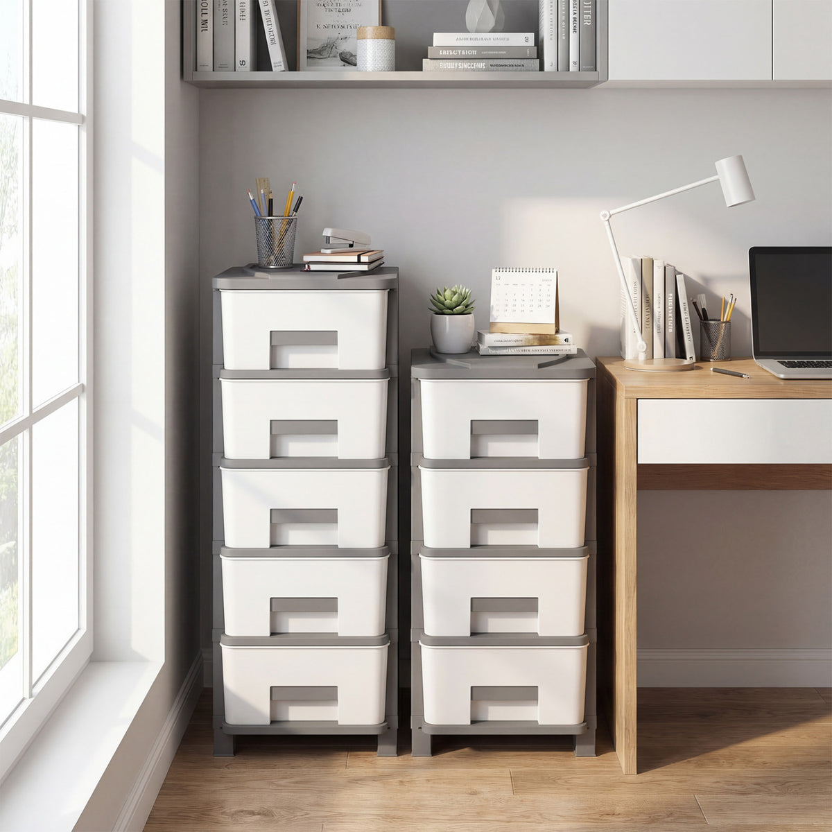 Plastic Storage Organizer with Compact Drawer Cabinet Side Table for Bedroom-Gray