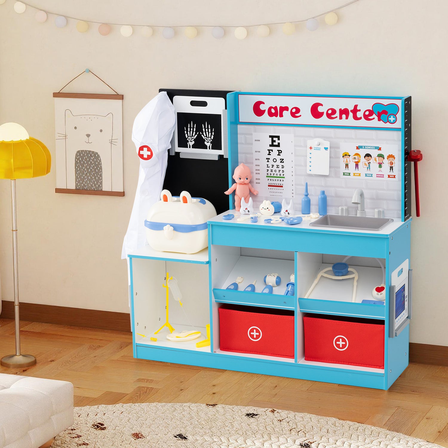 Play Doctor's Office Wood Medical Center Toy Set with Examine Region-Blue