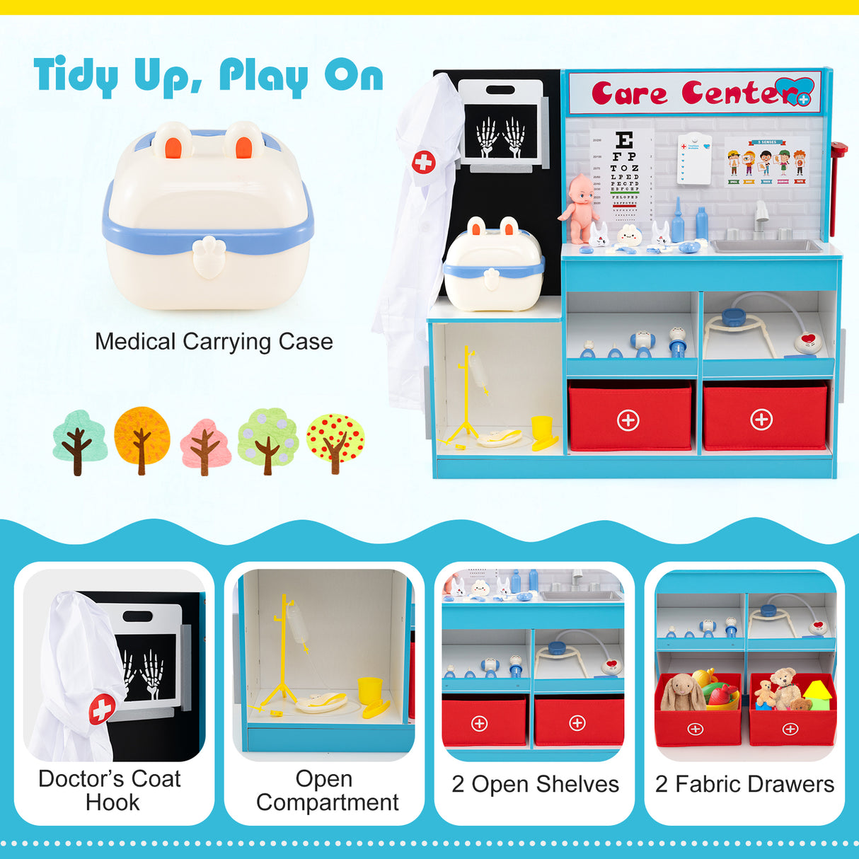 Play Doctor's Office Wood Medical Center Toy Set with Examine Region-Blue