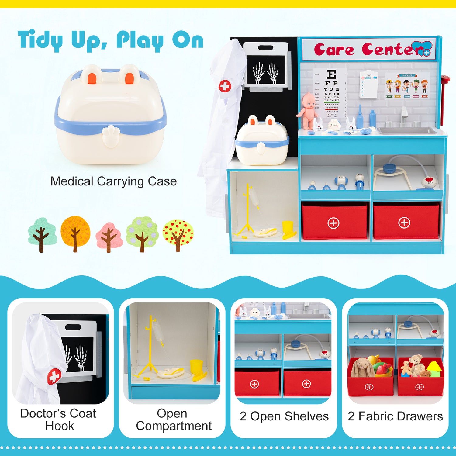 Play Doctor's Office Wood Medical Center Toy Set with Examine Region-Blue