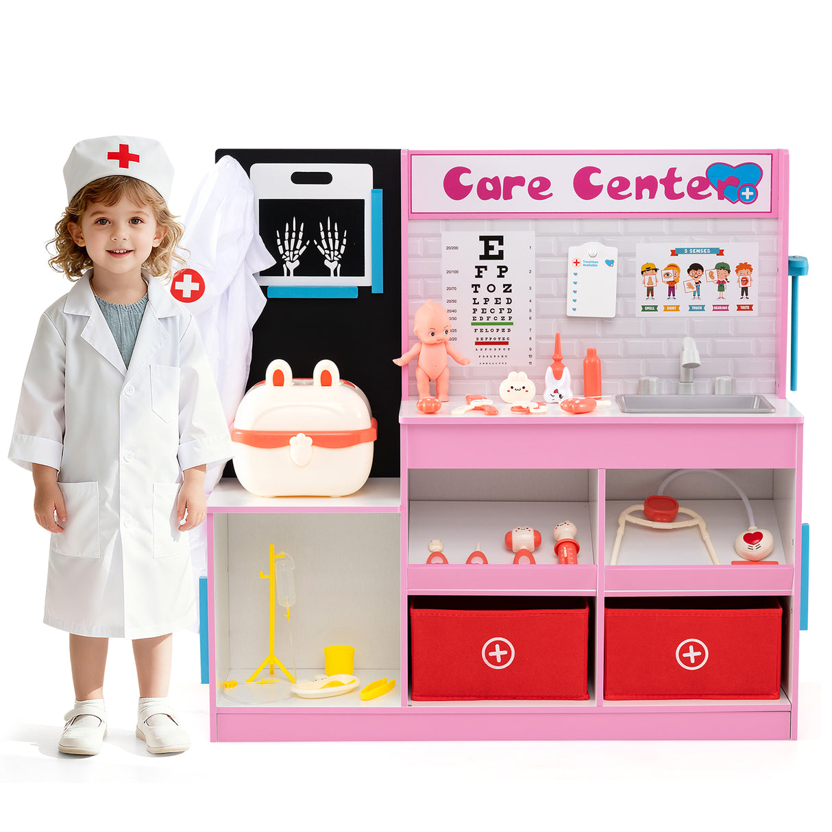 Play Doctor's Office Wood Medical Center Toy Set with Examine Region-Pink