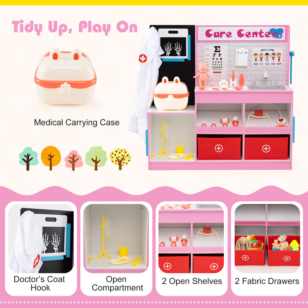 Play Doctor's Office Wood Medical Center Toy Set with Examine Region-Pink