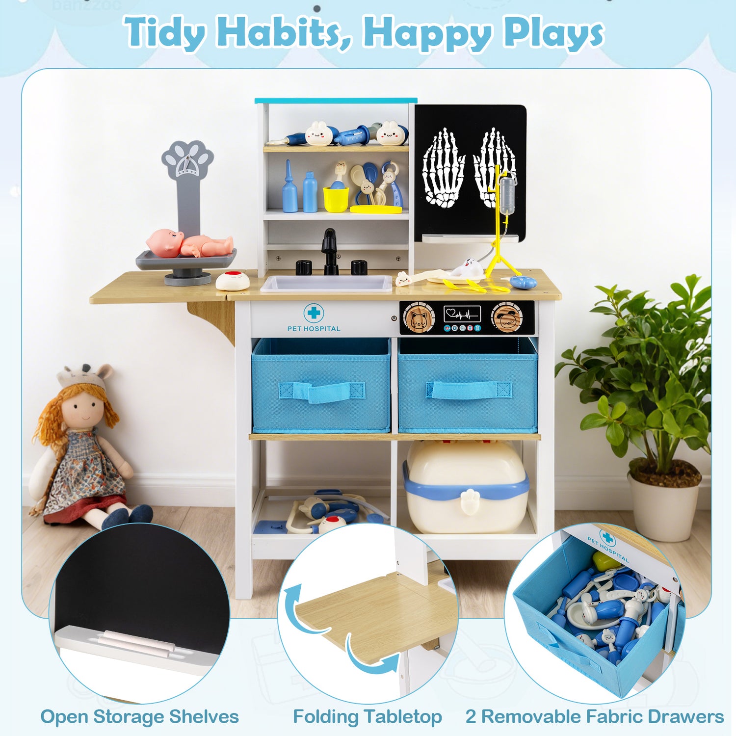 Play Doctor's Office Wood Medical Center Toy Set with Blackboard-White