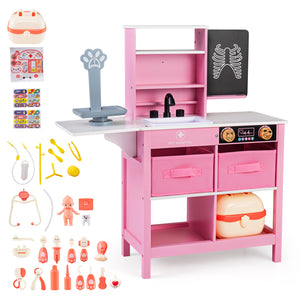 Play Doctor's Office Wood Medical Center Toy Set with Blackboard-Pink