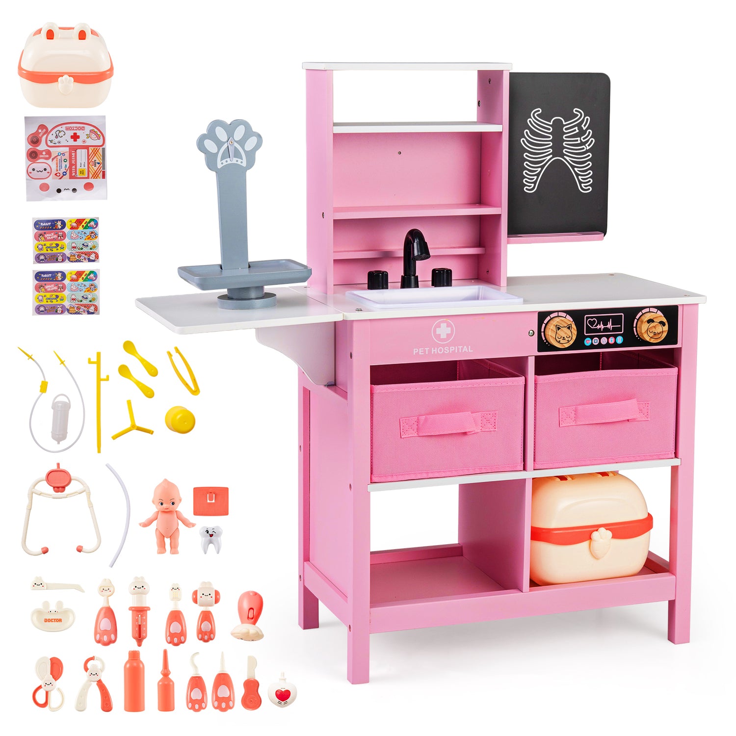 Play Doctor's Office Wood Medical Center Toy Set with Blackboard-Pink
