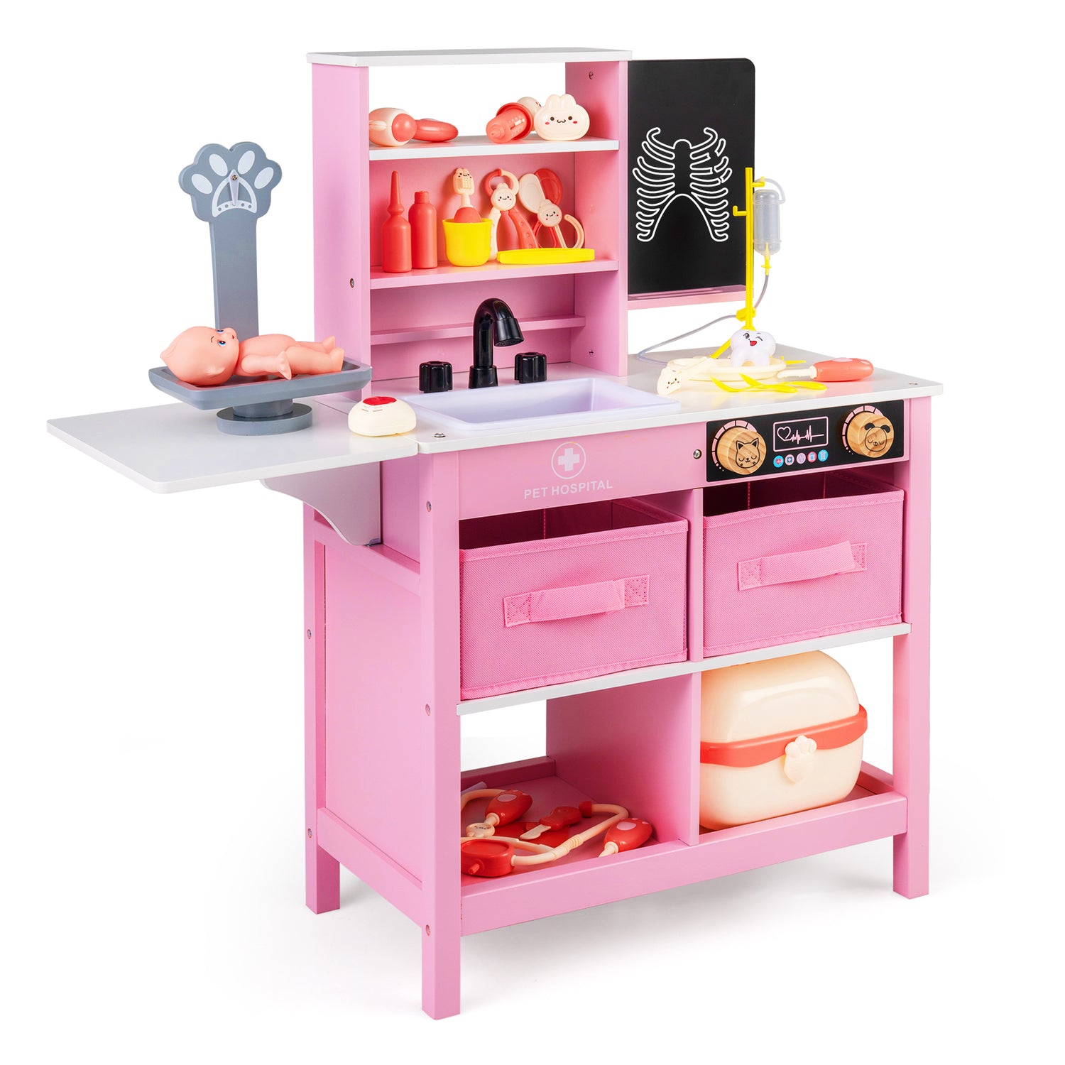 Play Doctor's Office Wood Medical Center Toy Set with Blackboard-Pink