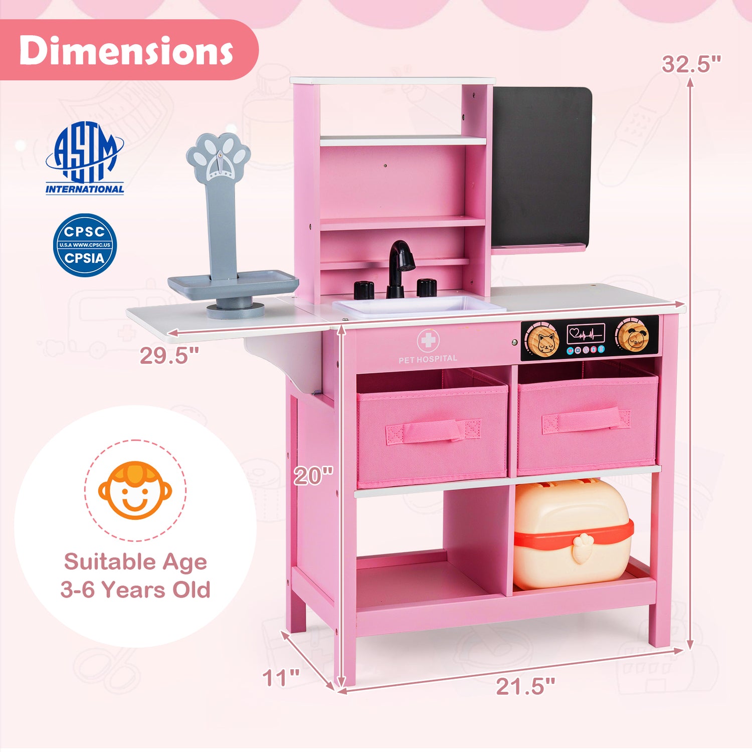 Play Doctor's Office Wood Medical Center Toy Set with Blackboard-Pink